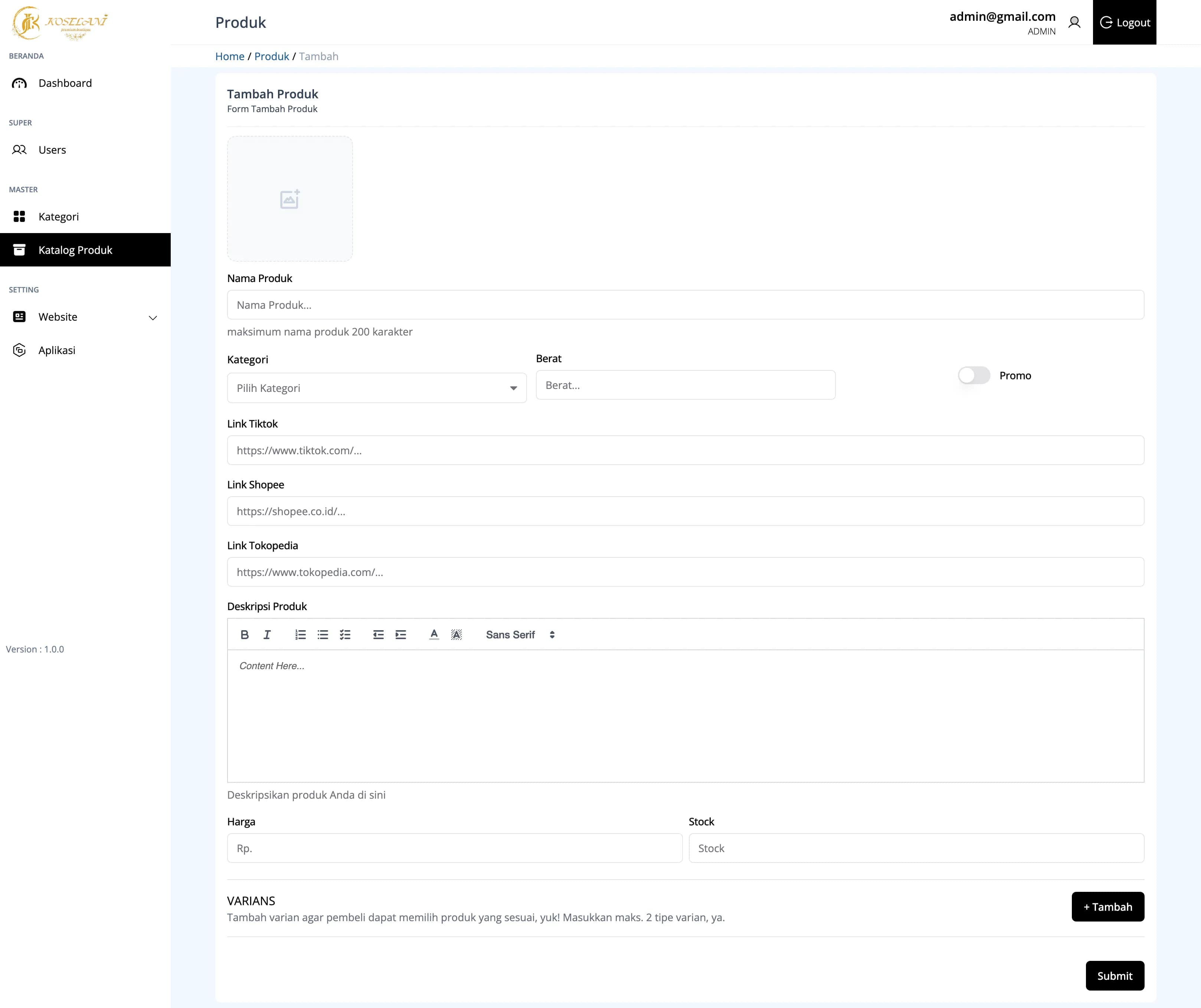 Halaman tambah product di admin panel Koselani